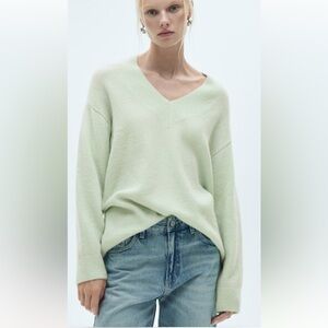Mango Bright Lime Green V-Neck oversized Sweater